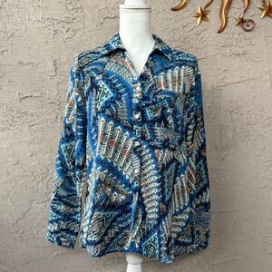 Sarah John Paris Aztec Print Button Up Long‎ Sleeve Top Blue Womens M
